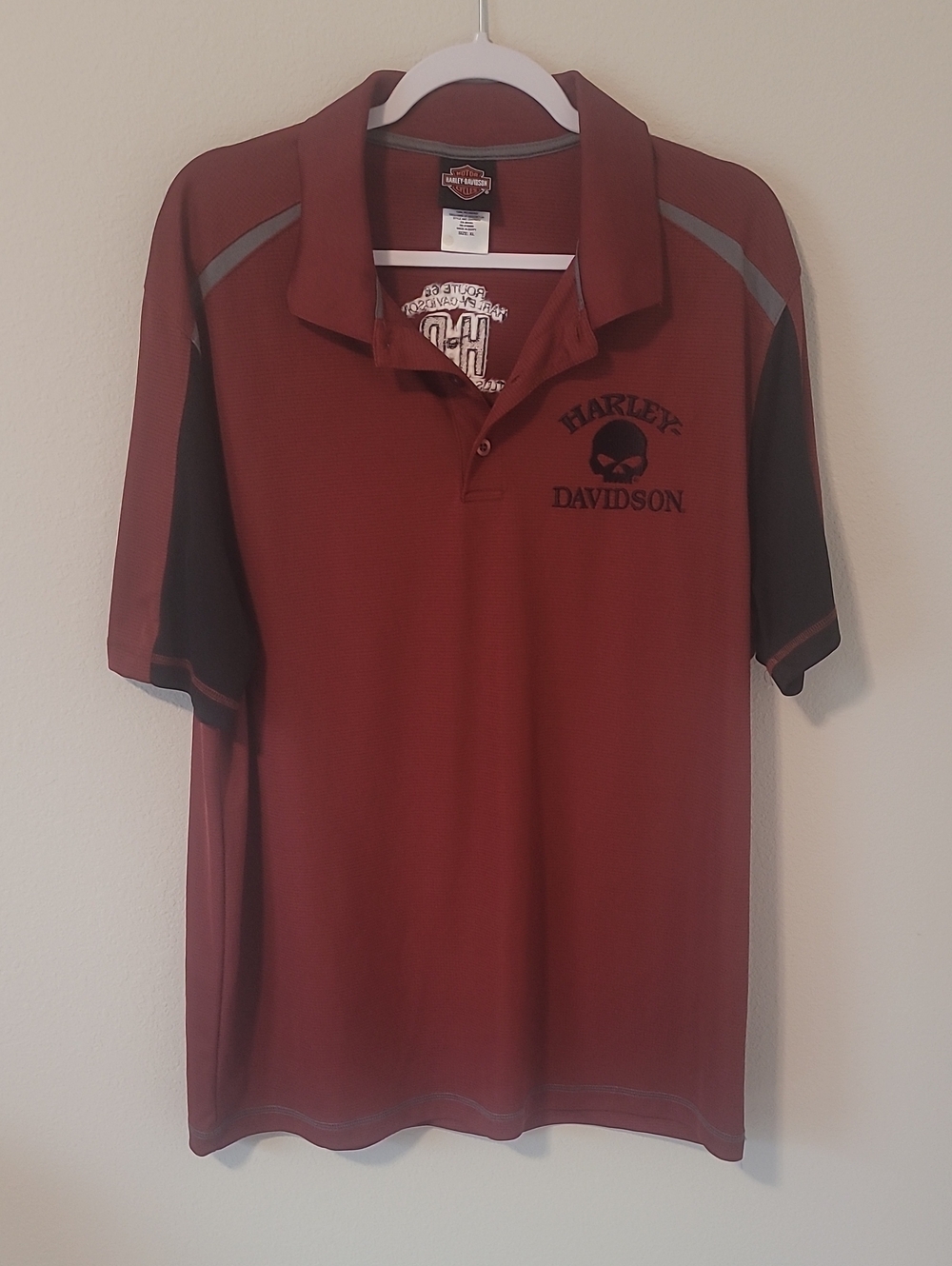 Harley-Davidson Burgundy Polo with Black Skull Logo and Gray Trim